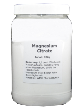 Magnesium Citrate, 200g - sehr hohe Aufnahme, für starke Nerven, guten Stoffwechsel, beim Abnehmen, gegen Schmerzen, Gefäßablagerungen, hohen Blutdruck, Haarausfall, Hämorrhoiden, Nierensteine